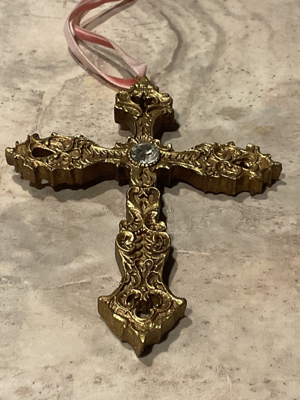 Ornate Cross Ornament Lightweight Gold 5” on velvet ribbon - Picture 1 of 10